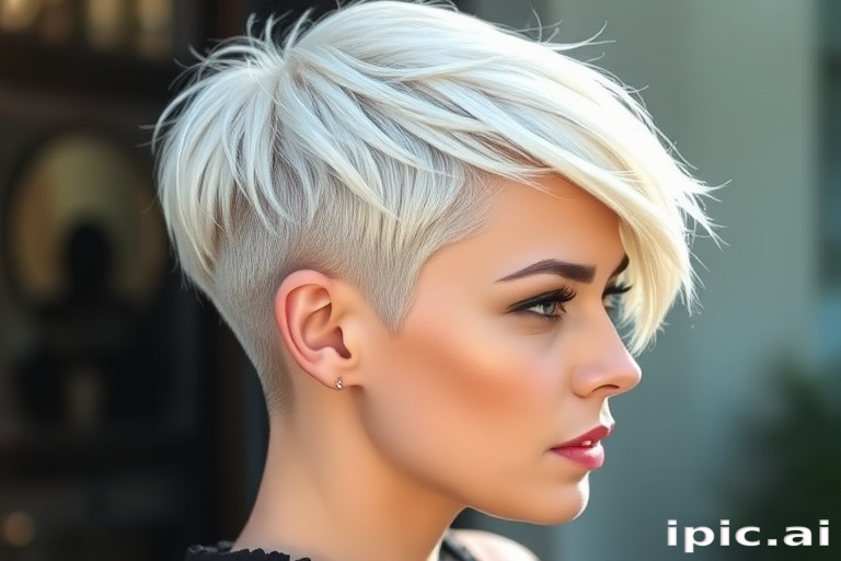 Striking platinum blonde pixie cut with edgy asymmetrical layers, featuring a bold undercut design and delicate silver streaks that catch the light, exuding confidence and modern sophistication.
