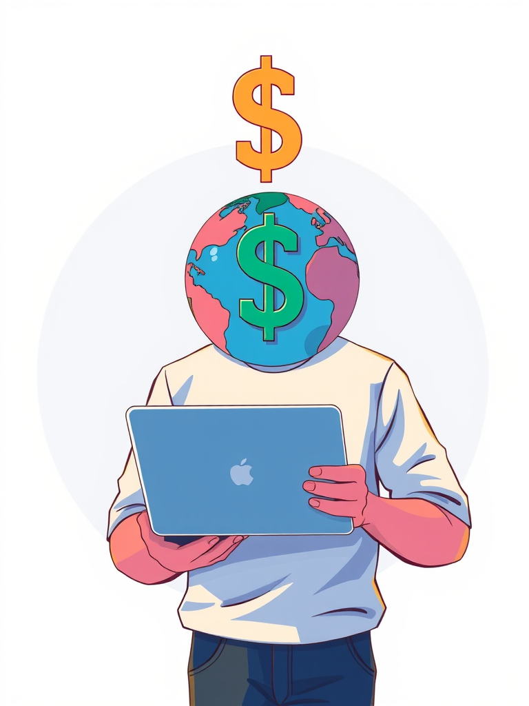 Create an illustration of a person holding a laptop, with a stylized globe featuring a dollar sign above it, using a high-resolution digital art style, 50mm lens, f/2.8 aperture, in a vibrant color palette, with soft lighting and a flat background for emphasis.