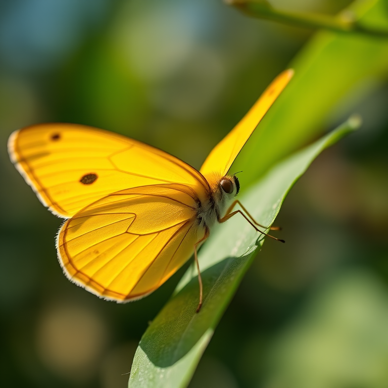 Capture a close-up of a yellow butterfly resting on a green leaf with natural lighting, using a DSLR camera, 100mm macro lens, aperture f/2.8, shutter speed 1/250 sec, ISO 200, shallow depth of field for a blurred background, focused on the butterfly's details.