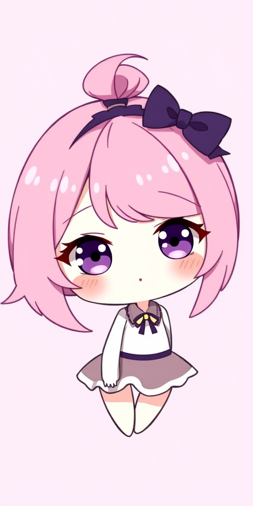 chibi, pink hair, purple eyes, hair bun, hair bow, no humans, white skin, four legs, solid circle eyes, no pupils,