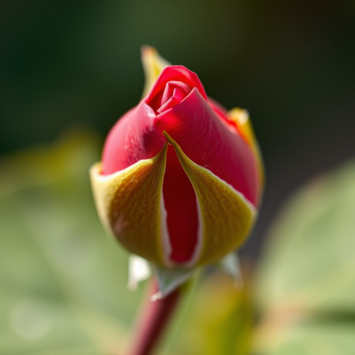 capture a close-up shot of a rosebud with vivid colors, soft background blur, natural lighting, ISO 200, aperture f/2.8, shutter speed 1/100, DSLR camera, macro lens, focused on the rosebud