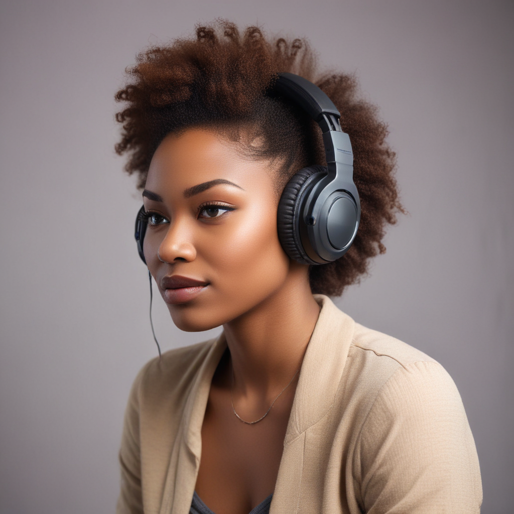 Beautiful African queen listening to music with headphones