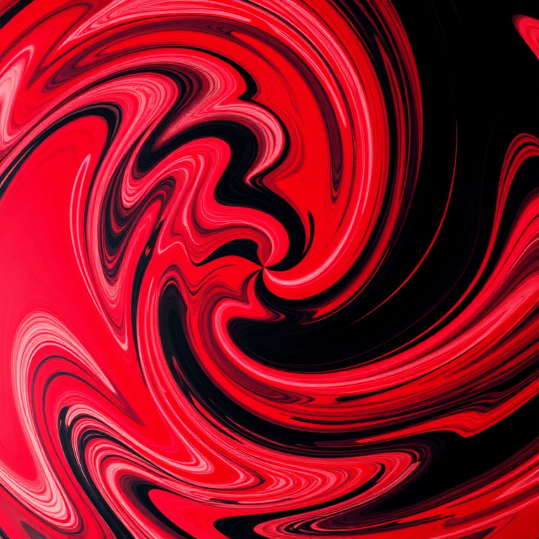 Create an abstract swirl pattern with vibrant red, black, and white colors, using a Canon EOS R6, aperture f/8, ISO 100, 50mm lens, shot from a top-down view to enhance depth and contrast.