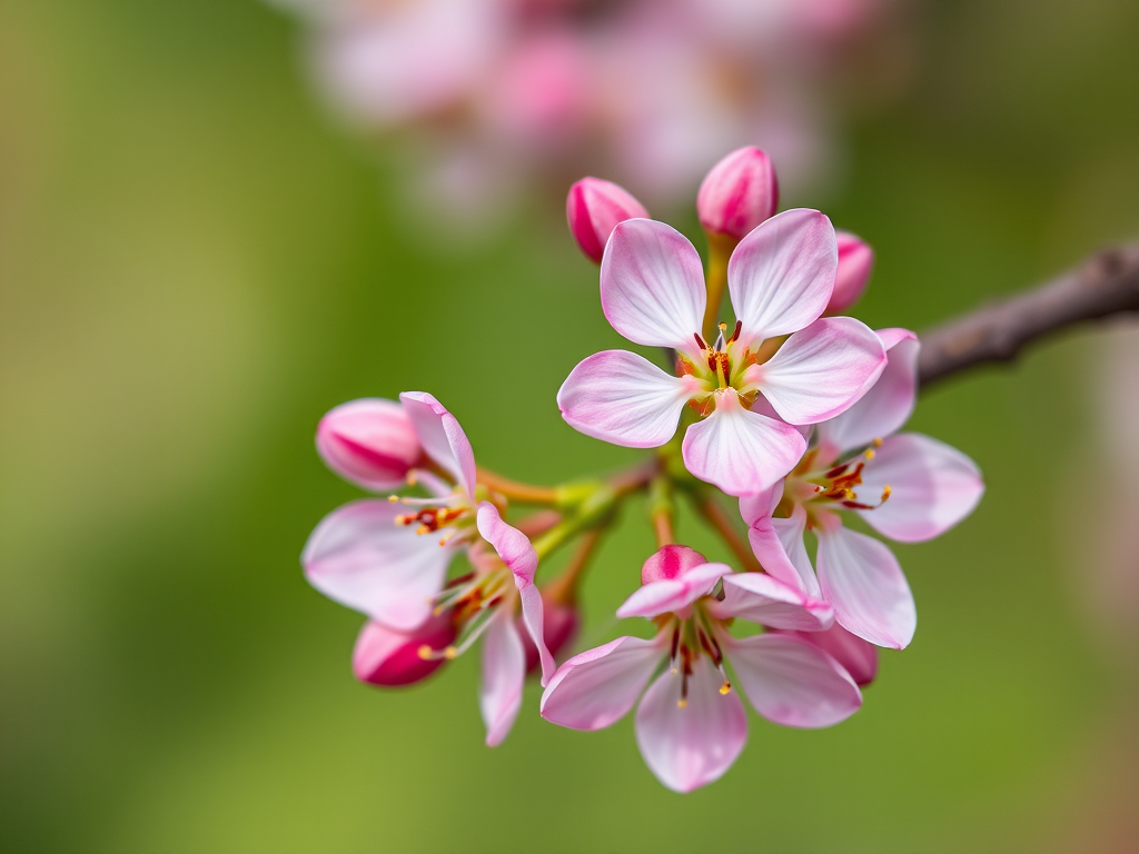 macro shot of pink and white blossoms on a green background with a shallow depth of field, f/2.8 aperture, 1/200 second shutter speed, ISO 100, using a DSLR camera in natural light with a 100mm macro lens