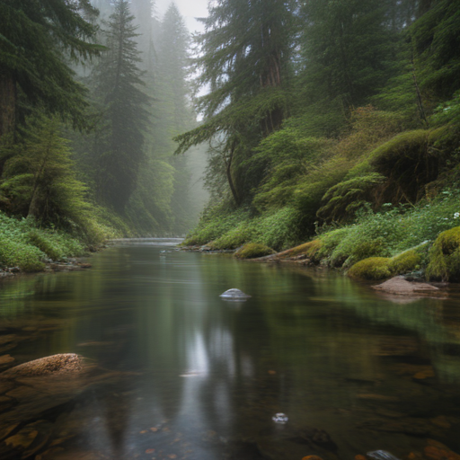 Tranquil Forest Stream Surrounded by Lush Greenery and Misty Pines