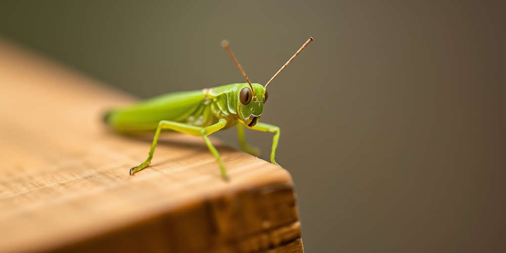 Close-up shot of a green grasshopper perched on the edge of a wooden surface, capturing intricate details of its body and antennae, using a DSLR camera with a 100mm macro lens, aperture set to f/2.8 for shallow depth of field, ISO 200 for reduced noise, and a shutter speed of 1/250s.