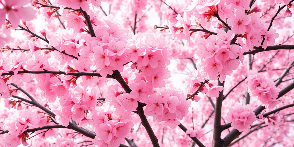 Create a detailed illustration of a blooming pink cherry blossom tree, using a DSLR camera with a 50mm lens, aperture set to f/1.8, ISO 100, shot from a low angle to capture the full height and breadth of the tree, with soft natural lighting to enhance the vibrancy of the blossoms.