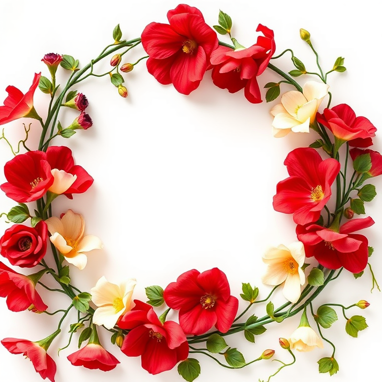 Create a high-resolution floral scrapbook frame with a blank center for photos, incorporating rich red and cream flowers intertwined with green vines, using a soft focus lens at f/2.8 with a 50mm lens on a DSLR camera in natural light for enhanced texture and depth.