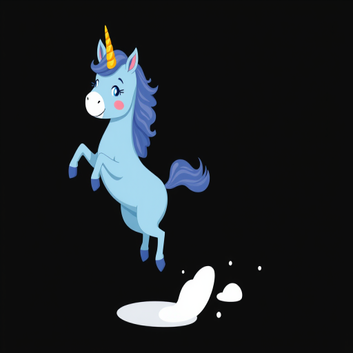 Create a playful illustration of a blue unicorn with a golden horn, jumping joyfully against a black background, captured with a DSLR camera at f/4 aperture, ISO 100, with a 50mm lens and a shallow depth of field for crisp details.