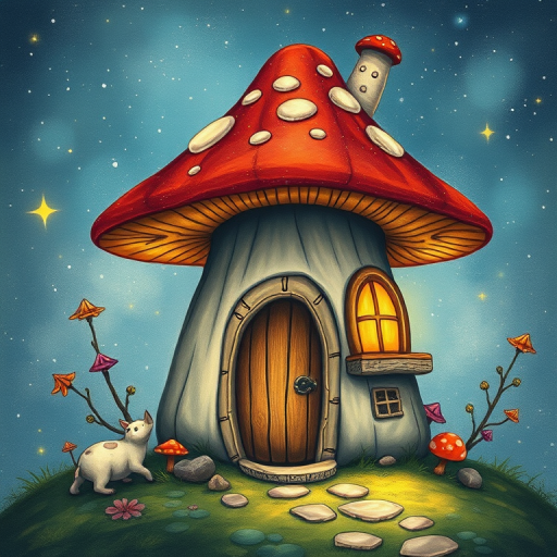 this picture is illustration of a mushroom house with a door and a window, a storybook , fantasy art, mushroom house, bg starry sky, sparkles