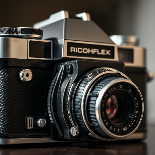 create a highly detailed image of a Ricohflex Model VI camera with a focus on its vintage design, showcasing the dual lenses and intricate textures, captured using a DSLR camera with a 50mm lens, aperture set to f/1.8 for a shallow depth of field, and ISO 100 to ensure clarity and minimal noise, in soft natural lighting to enhance the camera's features.