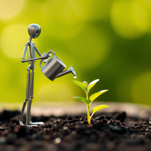 A metal figurine of a person, constructed from thin, silver rods, stands on the left side of the image, facing the viewer. The figurine is holding a small watering can and pouring water onto a young plant, with a few droplets in the air. The plant, with lush green leaves, is situated in the center, growing from dark soil. The background is a soft, out-of-focus blur of green, illuminated by warm, natural light.  The composition creates a sense of depth and intimacy. The image evokes feelings of growth, nurture, and hope.