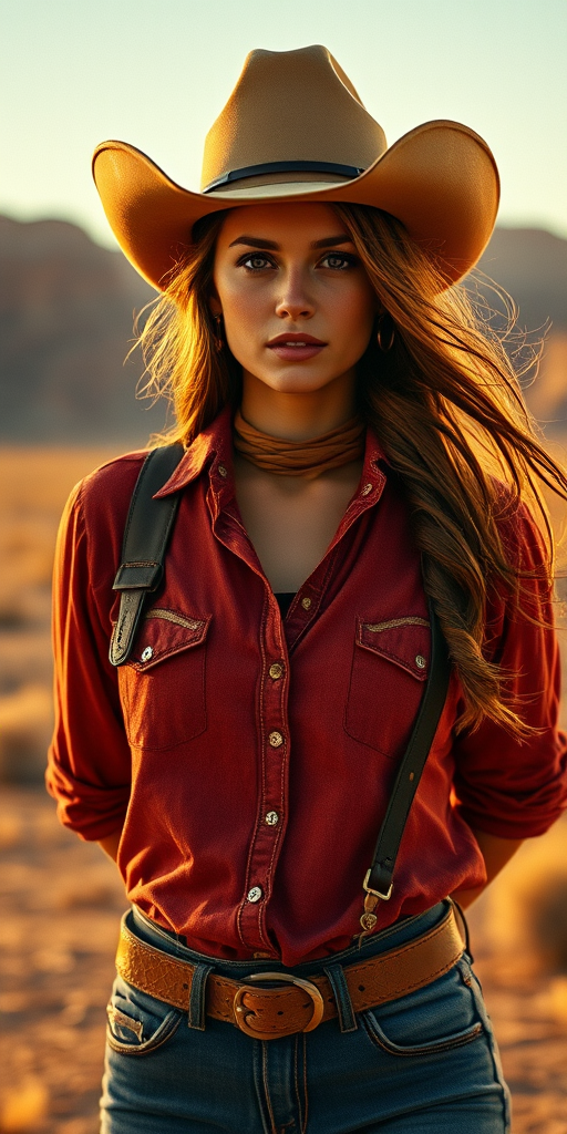 Dramatic photo of a beautiful Western American woman, classic cowboy attire, confident and free spirit expression, half-length portrait, centered, golden hour desert landscape, warm, diffused light, low angle, medium format film camera, in style of Annie Leibovitz.