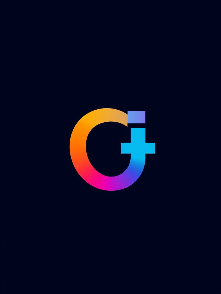 Create a vibrant logo design with a bold lowercase "g" and a plus sign, using a clean and modern style, shot with a DSLR camera at f/2.8 for a shallow depth of field, ISO 100, and natural lighting for clarity, capturing it from a straight-on view to emphasize the logo's details.