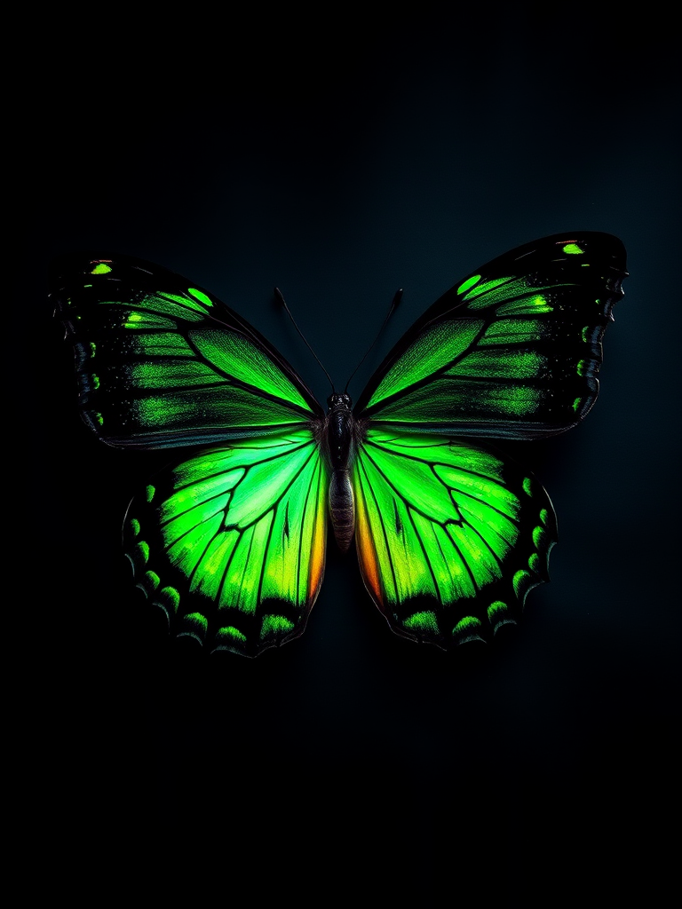 Generate an image of a butterfly with vibrant green and black wings, resting on a dark background with soft lighting. The wings should display intricate patterns and textures, showcasing the beauty of the butterfly in a natural setting.