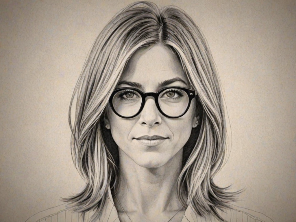 Sublime Jennifer Aniston, pencil sketch, portrait of Splendid woman 1929s in glasses, hair style beatnik, outline, clear lines, fine lines, 8k