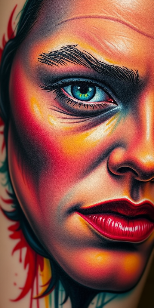 Hyper-realistic color portrait tattoo called "Living Canvas" showcasing a lifelike human face with incredible detail, texture, and depth using a full spectrum of vivid colors