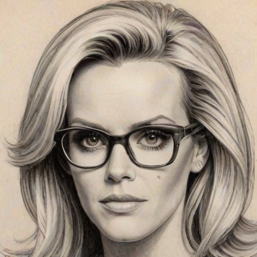 Comely Jenny McCarthy, pencil sketch, portrait of Captivating woman 1978s in glasses, hair style beatnik, outline, clear lines, fine lines, 8k
