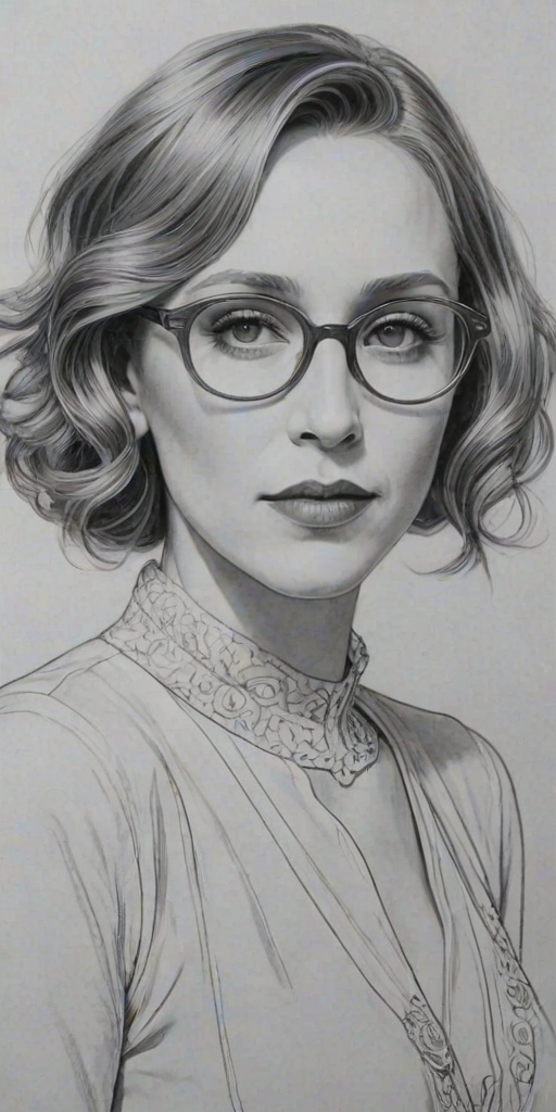Graceful Vera Farmiga, pencil sketch, portrait of Beauteous woman 1920s in glasses, hair style beatnik, outline, clear lines, fine lines, 8k