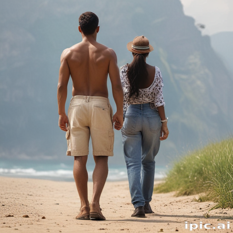 Couple Strolling Hand in Hand Along a Beautiful Beach Pathway