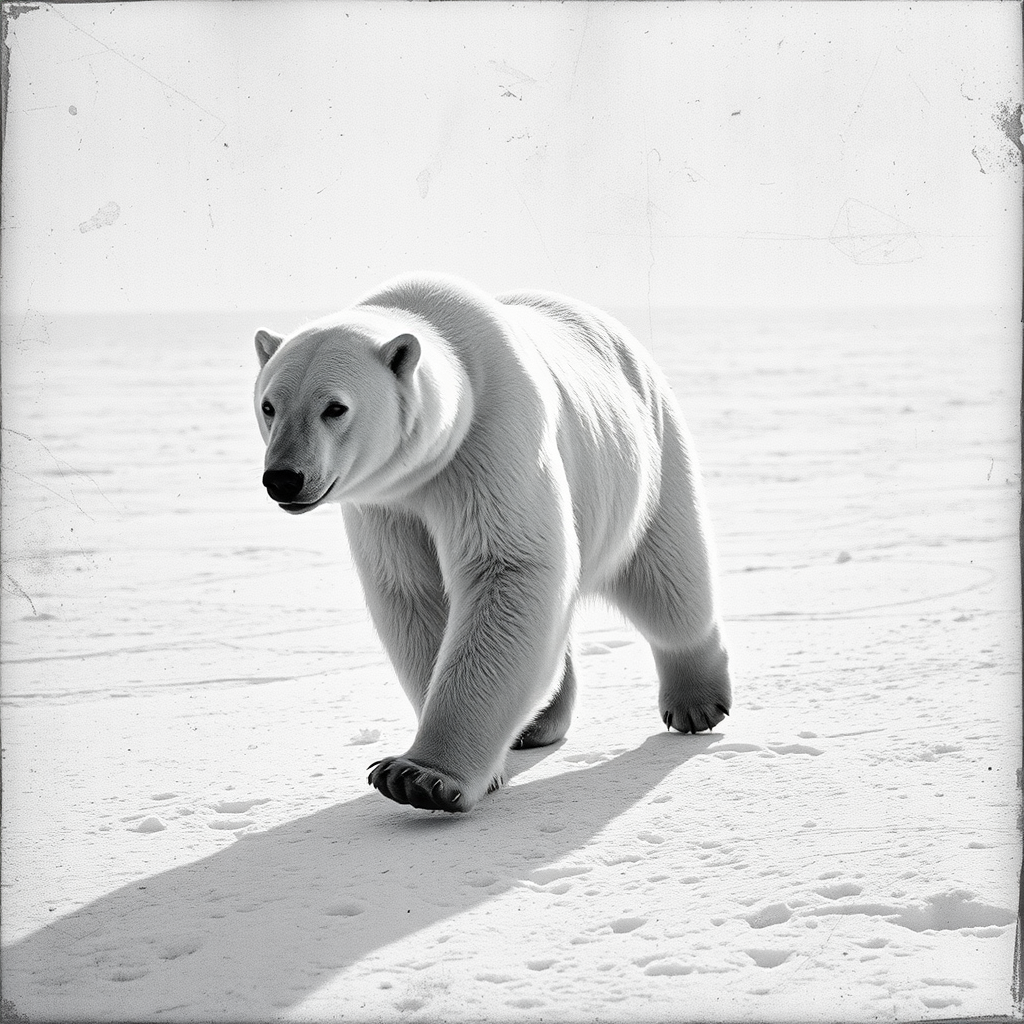 A very old photograph in black and white. The photo is badly damaged, faded, with scratches, tears, smudges and dirt. The photo is ultra-realistic and very detailed. It's a picture of an Arctic warrior. She is walking serenely towards the camera. At her side walks a majestic polar bear. Its fur shines in the sunlight. Snow, ice, sea. wind. snow in the air.