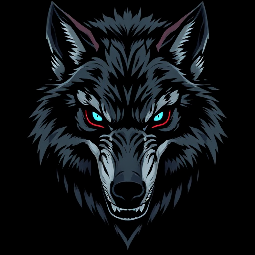Create a highly detailed, stylized illustration of a fierce wolf's head with intricate fur patterns, featuring glowing blue and red eyes, set against a dark background, captured with a DSLR camera at f/2.8, 1/250 sec, ISO 100, shot from a slightly low angle to emphasize the aggressive expression and texture of the fur.