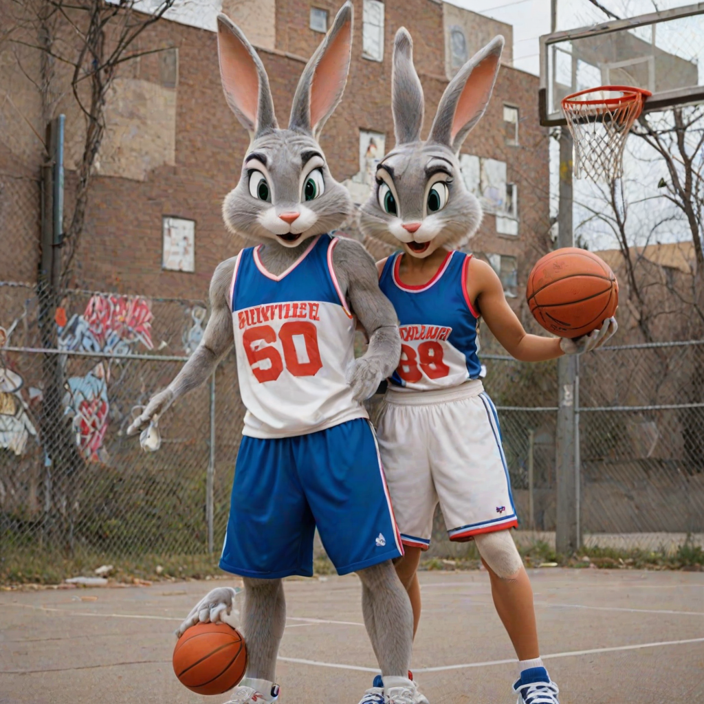 Design an Above the Rim poster featuring Bugs Bunny as Kyle and Lola Bunny as Shep. Bugs is dressed in a basketball jersey and shorts, holding a basketball with a confident expression, while Lola stands beside him in athletic gear, looking determined. The background features an urban basketball court with a wire fence, streetlights, and graffiti. The title "Above the Rim" appears in bold red letters at the top, keeping the original street basketball vibe
