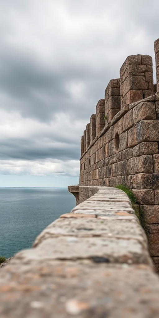 capture a stone fortress by the sea under a cloudy sky with a wide-angle lens, f/8 aperture, ISO 200, shutter speed 1/125, DSLR camera, soft natural lighting, focus on texture and details of the stone wall and surrounding landscape