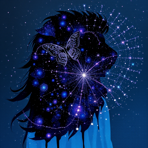 Captivating conceptual render alcohol ink art, double exposure, the paint strokes artfully merge combining a woman's full silhouette with a Beaming butterfly's silhouette. The figures are composed of a series of colored dots, lines & spots that evoke the image of a cosmic galaxy, colors are deep shades of blue purple & black with flashes of white & silver representing distant stars. The woman's silhouette is formed within the lion's silhouette from constellations of scattered stars, surreal