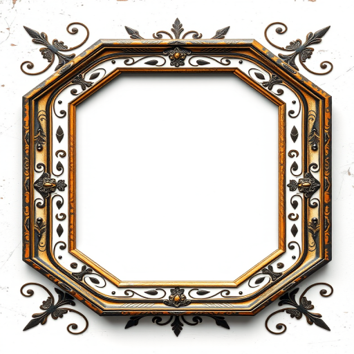 Create a high-resolution image of a vintage octagonal frame design with decorative swirls and geometric patterns, using a DSLR camera with a 50mm lens at f/1.8, 1/125s shutter speed, and ISO 100, shot from a straight-on view to maintain symmetry and clarity.