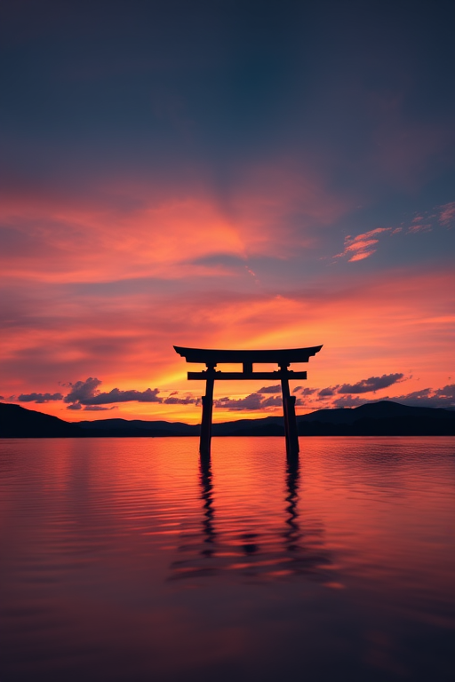 Sunset at a serene lake with a silhouette of a Torii gate in the foreground, long exposure effect to smooth the water surface, soft clouds drifting, vibrant colors in the sky, shot with a Canon EOS R5, 24-70mm lens, f/16, ISO 100, 30 seconds exposure, at a low angle to capture reflections and the horizon.