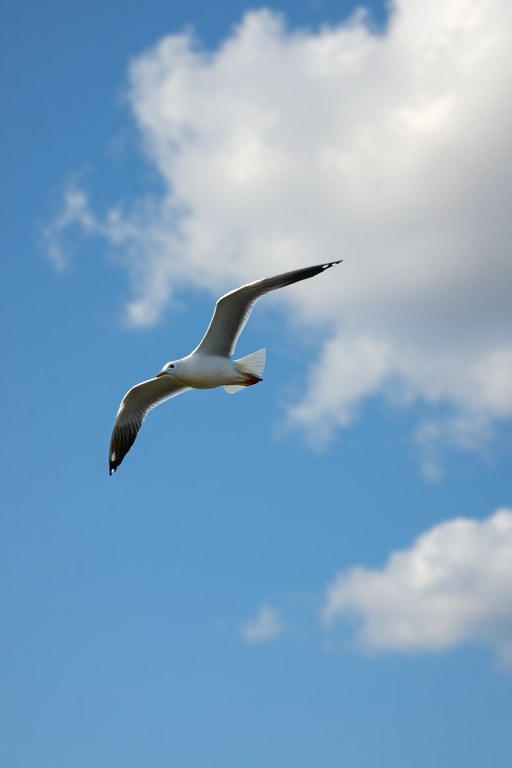 A seagull in mid-flight against a blue sky with fluffy white clouds, captured with a Canon EOS 5D Mark IV at 200mm, f/5.6, 1/4000s, ISO 200, using a telephoto lens for sharp detail and vibrant colors.