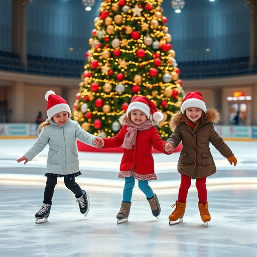 Generate an image of three children ice skating on a rink surrounded by a large Christmas tree adorned with ornaments and lights. The children are wearing winter clothing and Santa hats, and they are joyfully holding hands as they glide across the ice. The setting is festive and cheerful, capturing the spirit of the holiday season.