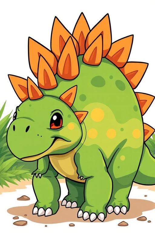 Create a detailed illustration of a cartoon dinosaur resembling a stegosaurus, featuring a round green body and prominent orange spikes, in high resolution with a vibrant color palette, using a Canon EOS R5 camera at f/8, ISO 100, 24mm lens, wide-angle view for enhanced clarity and depth.