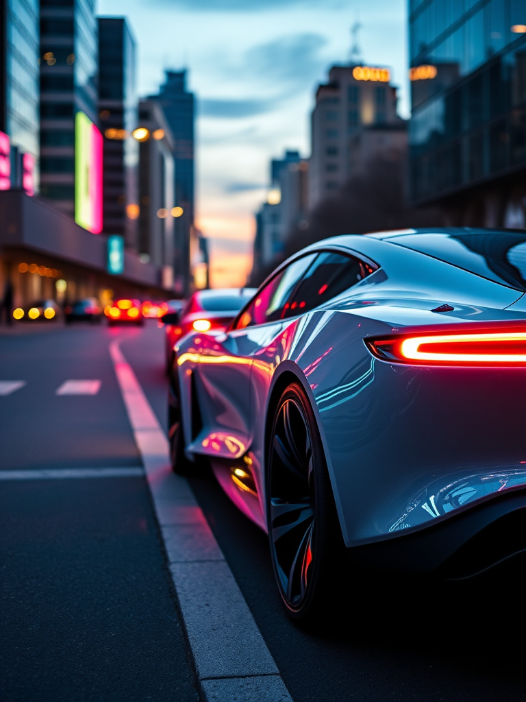 Create an image of a sleek futuristic electric car in a city setting at dusk with neon lights reflecting off the body, captured with a DSLR camera at 35mm, f/2.8 aperture, ISO 100, using a wide-angle lens for a dramatic perspective.