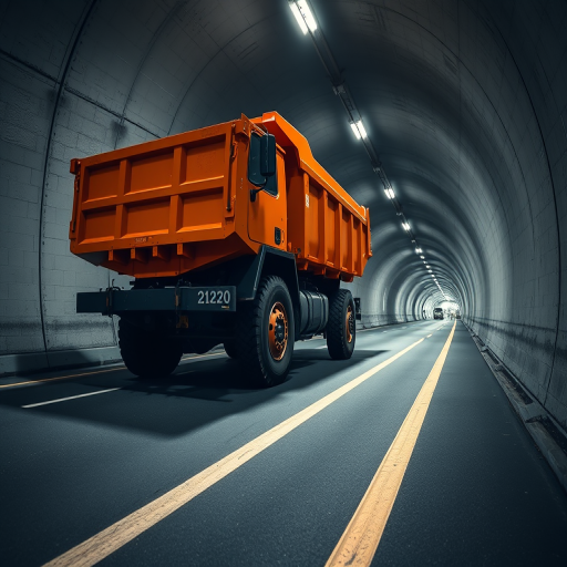 High-resolution image of an orange dump truck in a dimly lit tunnel, shot with a DSLR camera, 50mm lens, f/1.8 aperture, ISO 400, using a low angle perspective to emphasize the vehicle's size and detail, with soft lighting to enhance textures and shadows.