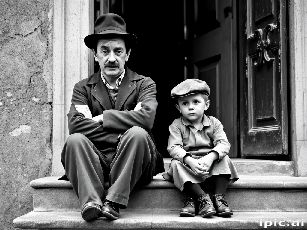 A black-and-white photograph of a man and a child sitting on steps in front of a doorway. The man is dressed as a tramp with a bowler hat, mustache, and ragged clothes, reminiscent of Charlie Chaplin's iconic look. He is sitting with his arms crossed and an expression of slight sadness or frustration. Next to him is a young boy, also in worn clothes and a cap, sitting with his hands clasped, looking thoughtful. The background is an old, textured wall and a partially open door, creating a vintage, early 20th-century atmosphere.