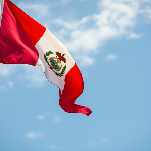 Flag of Peru waving in a gentle breeze, captured with a Canon EOS R5, 50mm f/1.2 lens, ISO 100, aperture f/2.8, shutter speed 1/250s, macro view for enhanced detail and vibrancy.
