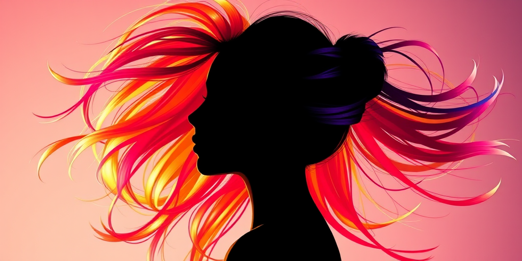 Create a vibrant digital illustration of a profile silhouette with flowing rainbow-colored hair, using a high-resolution setting of 300 DPI, shot with a Canon EOS R5, 50mm lens, f/1.8 aperture, and soft lighting to enhance the colors and contrasts in the background.