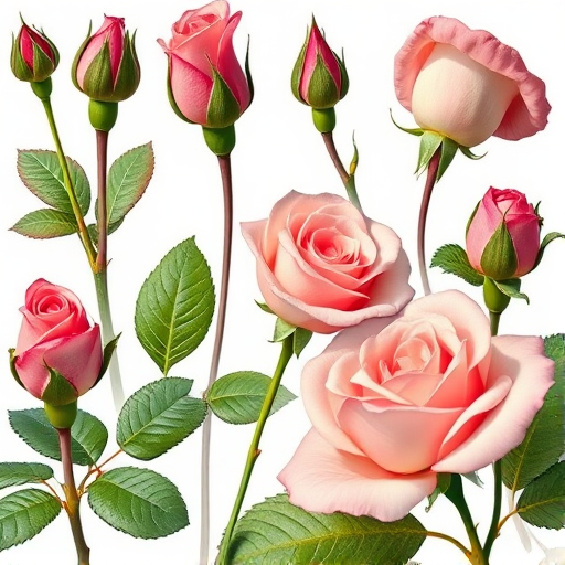 Create an image of a botanical illustration featuring various stages of rose buds, leaves, and fully bloomed roses, using a macro lens with a 100mm focal length, aperture set to f/2.8, natural lighting at a 45-degree angle, captured with a DSLR camera for high detail and vibrant colors.