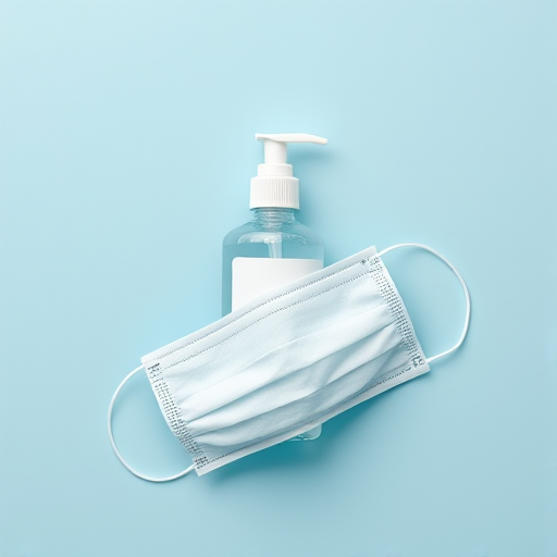 Create a minimalist vector graphic of a hand sanitizer bottle and a surgical mask on a light blue background using a Canon EOS R5 camera with an aperture of f/4, shutter speed of 1/60s, ISO 100, and a portrait mode lens to enhance the image quality and focus.
