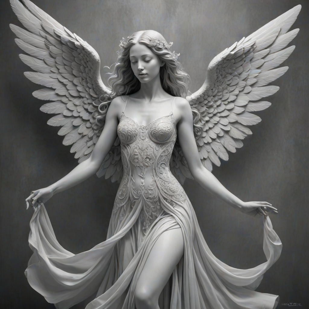 An angel, crafted in the unique style of Folk Art, as she unfolds herself against an ethereal backdrop, her wings softly billowing, face radiating a heavenly glow, every curl in her strikingly serene countenance finely brushed, monochrome, detailed techniques, ultra fine, breathtaking surreal masterpiece