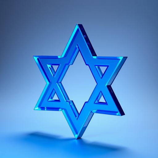 create a 3D blue star of David with smooth shading and reflective surfaces, shot with a DSLR camera at f/2.8 aperture, 50mm focal length, ISO 100, in a soft diffused light setup to enhance depth and detail