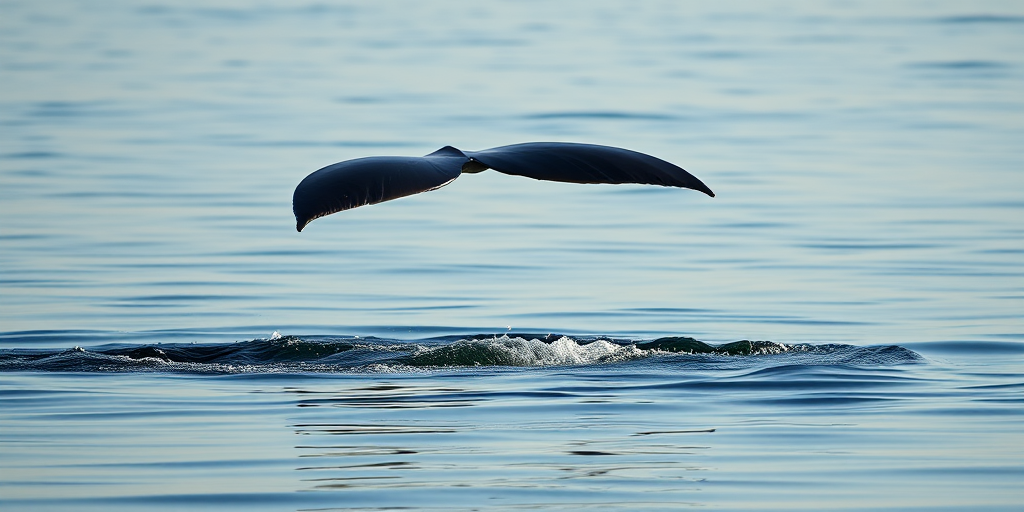 a humpback whale tail fin emerging from the water in calm, reflective ocean conditions, captured with a Canon EOS R5, 200mm lens, f/5.6, ISO 200, shutter speed 1/800s, in natural light for high detail and clarity.