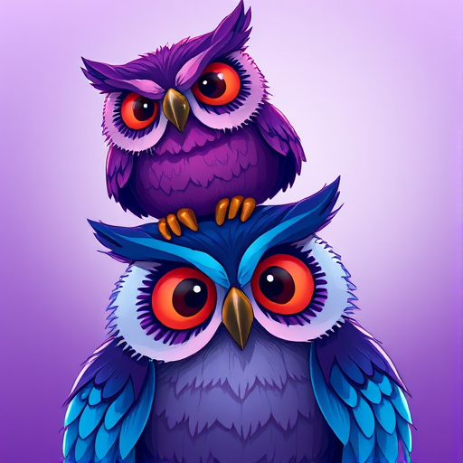 Create a vibrant digital illustration of two cartoon owls, one perched on top of the other, with exaggerated features in deep purple and blue tones, with a soft gradient background; capture it using a DSLR camera at f/2.8 aperture, 50mm lens, ISO 100, and in a close-up view to enhance details and colors.