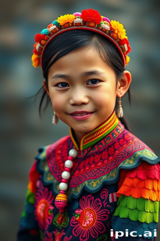 A beautiful Miao girl, wearing colorful bird clothing with vibrant colors