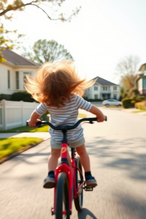 Blurry action shot of a child riding a bicycle down a suburban street, the wind blowing through their hair, soft sunlight reflecting off the pavement, distant houses with picket fences, the sound of laughter and dogs barking in the background.