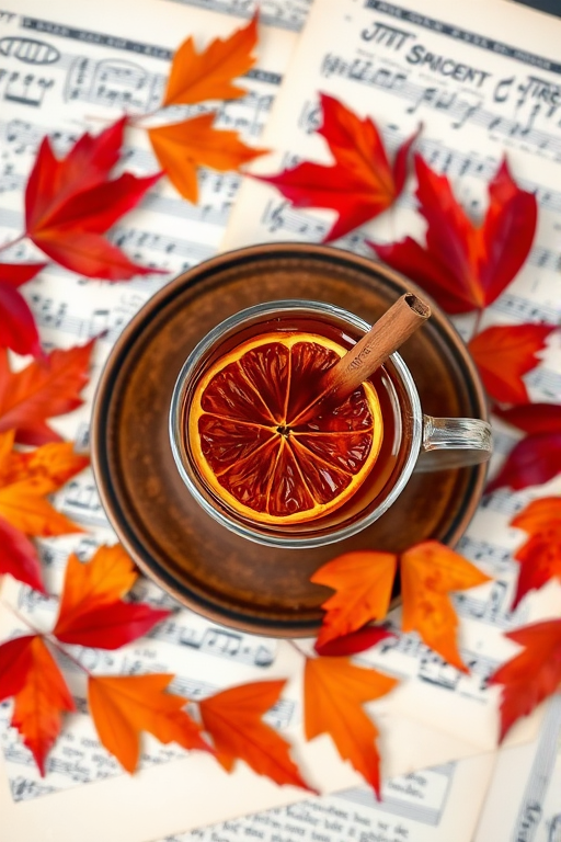 Photograph a warm cup of spiced tea with a dried orange slice and cinnamon stick on a rustic brown saucer, surrounded by autumn leaves in shades of red and orange, positioned over vintage sheet music, using a DSLR camera at f/2.8 aperture, 1/60 shutter speed, ISO 400, top-down view, natural lighting soft focus for a cozy atmosphere.