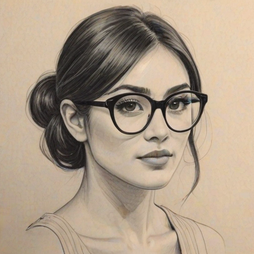Wonderful Daniella Pineda, pencil sketch, portrait of Alluring woman 1965s in glasses, hair style beatnik, outline, clear lines, fine lines, 8k