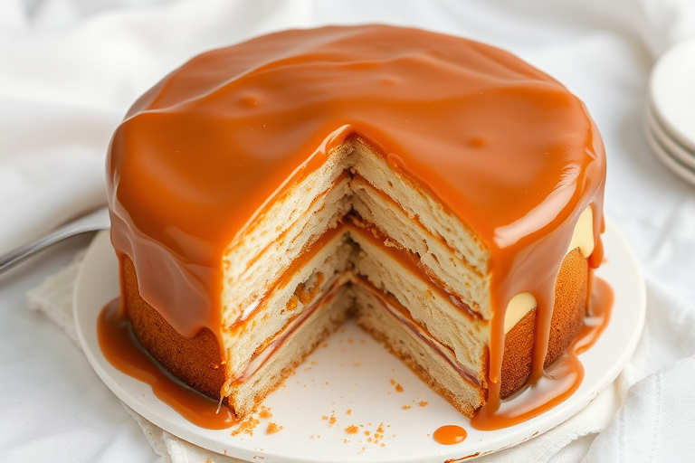 A round caramel cake with smooth glossy caramel icing on top and sides showcasing a slice cut out revealing layers of light sponge cake and caramel filling on a white cloth background.